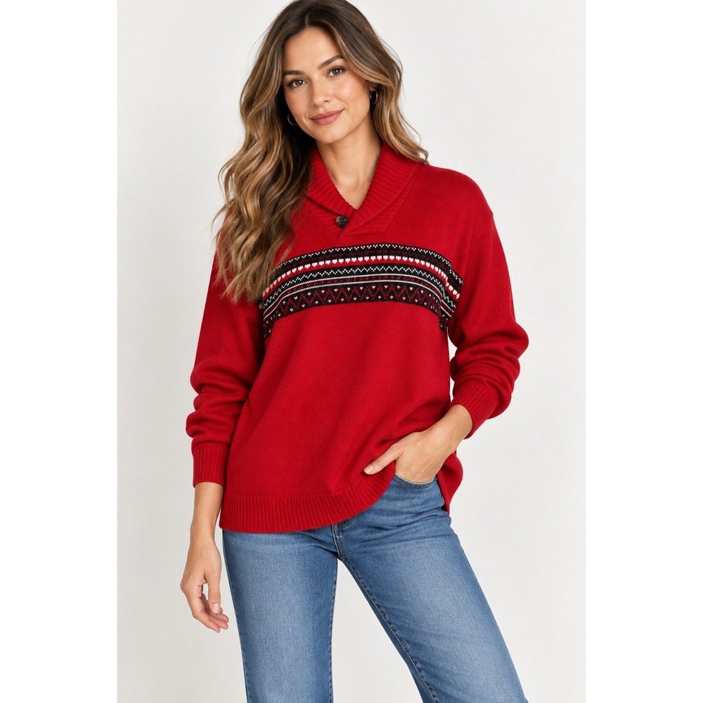 Tommy Hilfiger Red Fair Isle Knit Sweater Shawl Collar Cozy Cottagecore Preppy‎